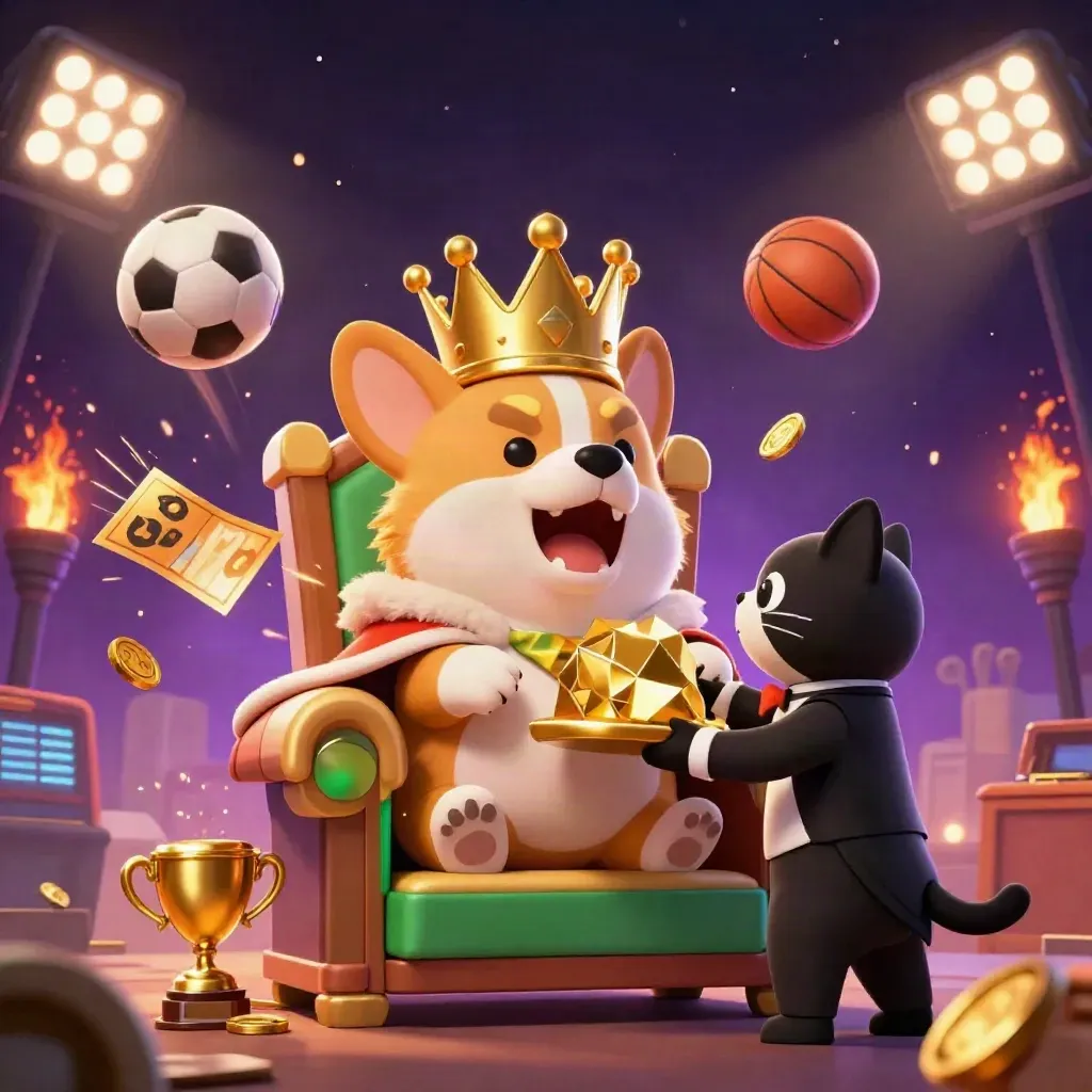 Royal corgi on poker-chip throne with cat butler, flying sports balls, trophy, coins, and dramatic casino lighting.