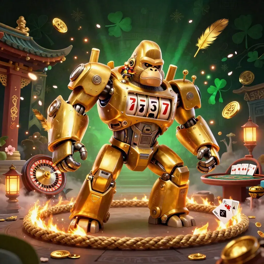 Golden mech gorilla with monkey pilot amid roulette wheel, temple gate, and jewel-lit casino fog.