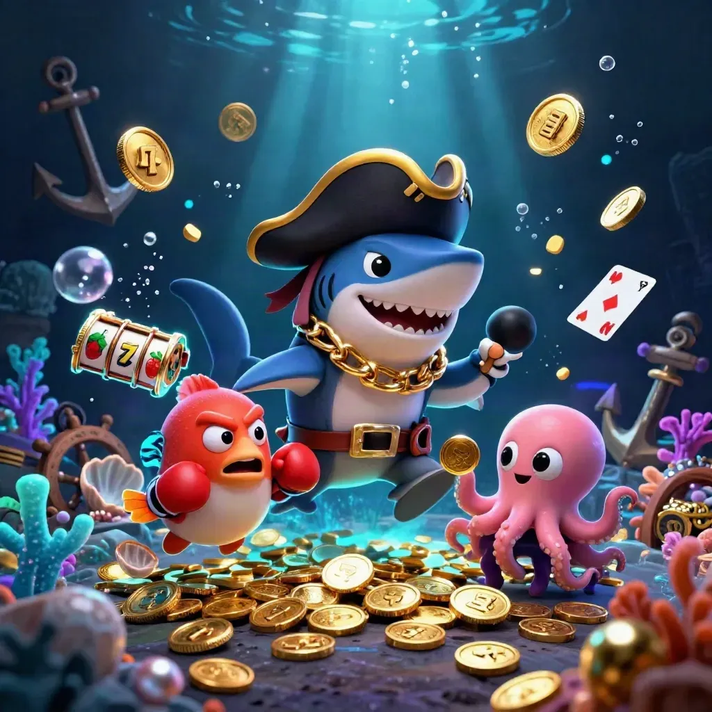 Pirate shark, boxing pufferfish, and coin-juggling octopus in a glowing treasure cove.
