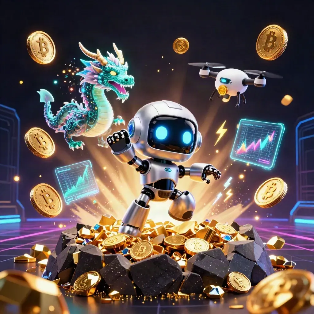Cyberpunk robot, hologram dragon, and coin drone erupting with gold treasure in a dark neon vault.