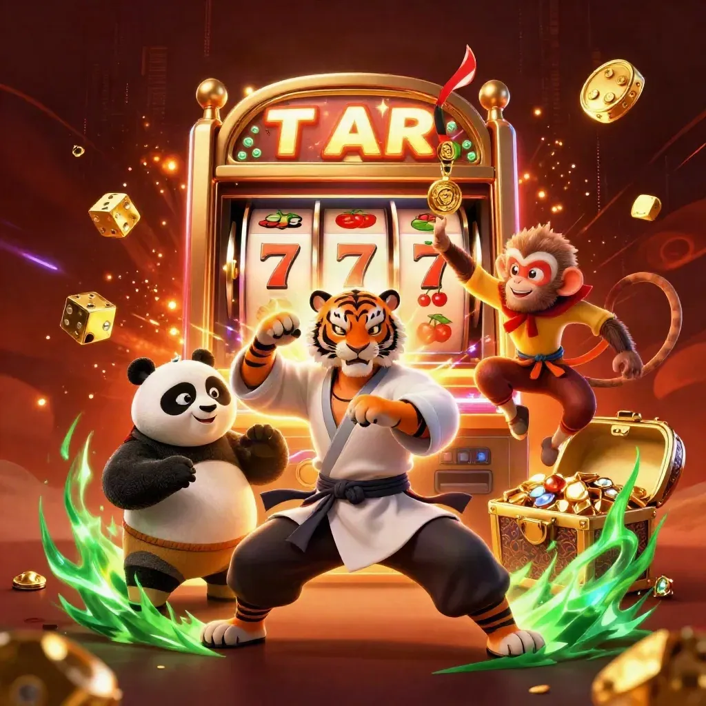 Kung-fu tiger, panda, and monkey amid exploding slot machine, gold, gems, and neon energy