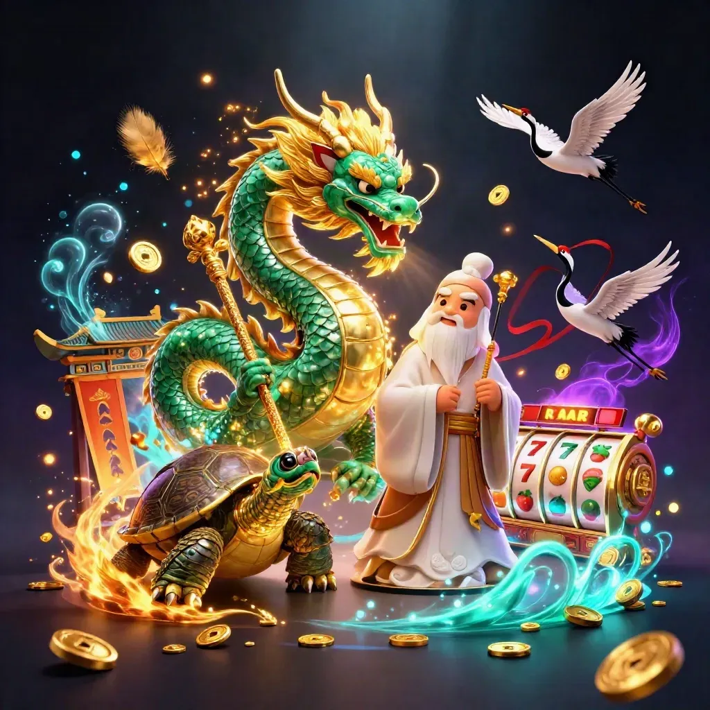 Emerald dragon, turtle sage, and cranes amid gold fire, coins, temple gate, and neon casino effects