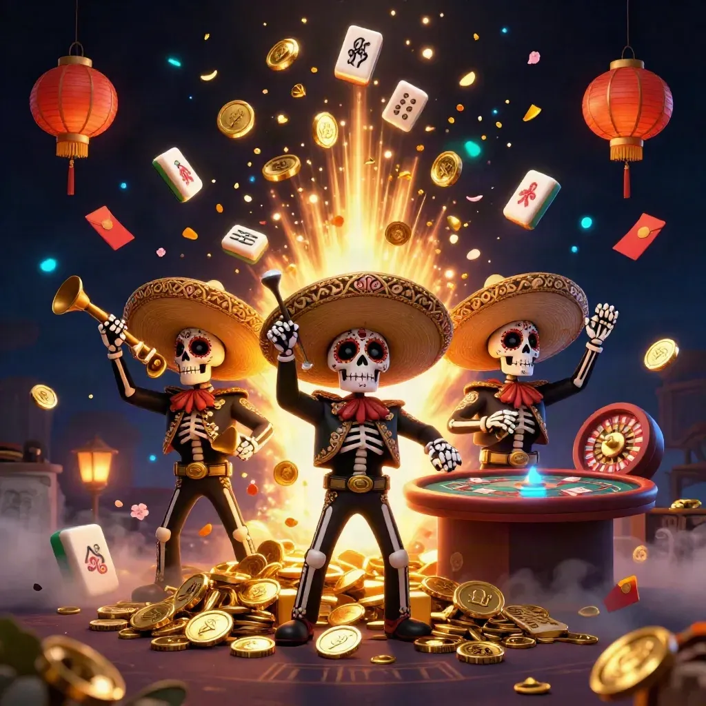 Three skeleton mariachis celebrate amid gold coins, fireworks, lanterns, and casino tables.