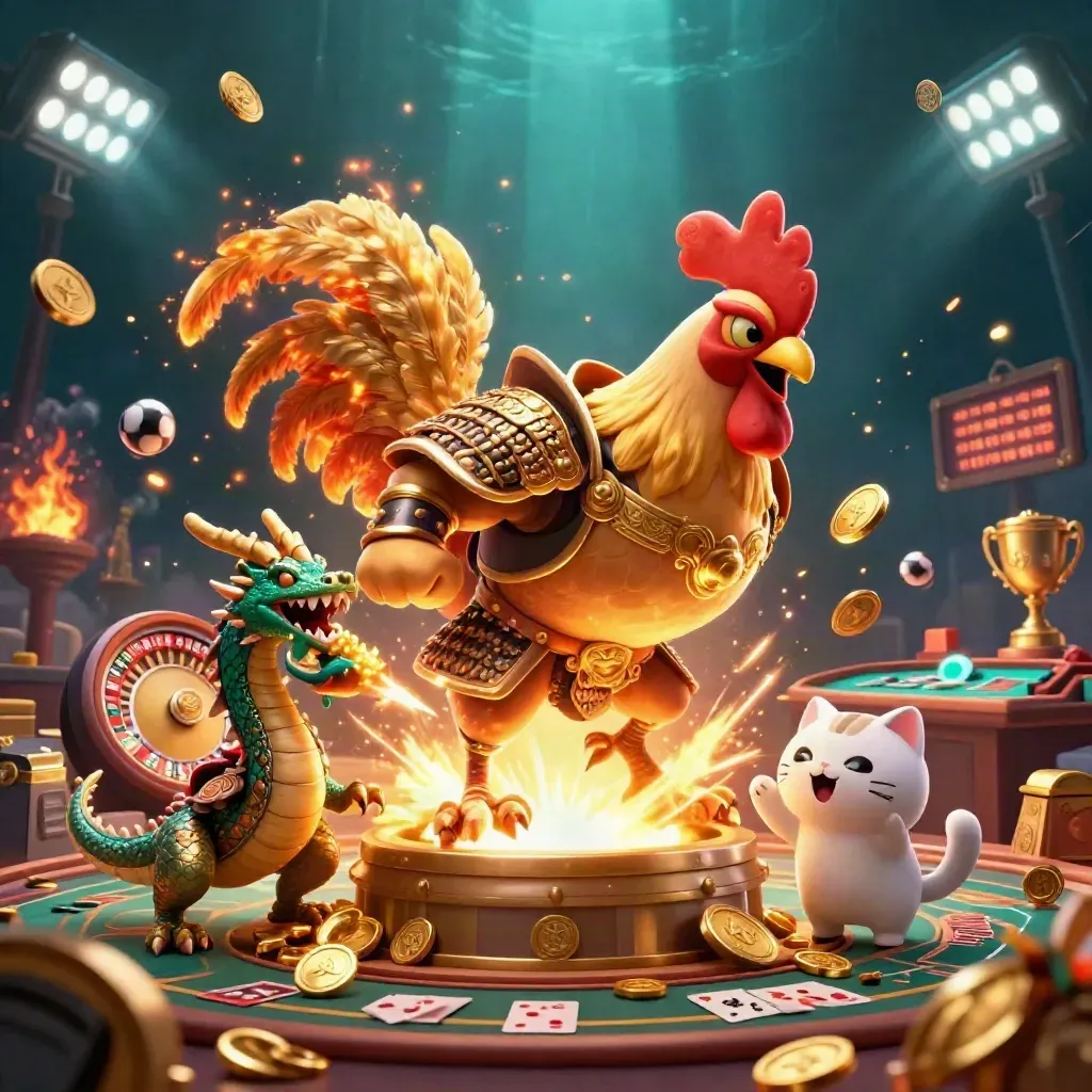Rooster warrior, dragon hatchling, and lucky cat amid coins, trophy, roulette wheel, and fireworks.