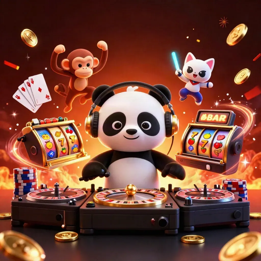 DJ panda, monkey, and rave kitten amid casino reels, coins, chips, and glowing fireworks.