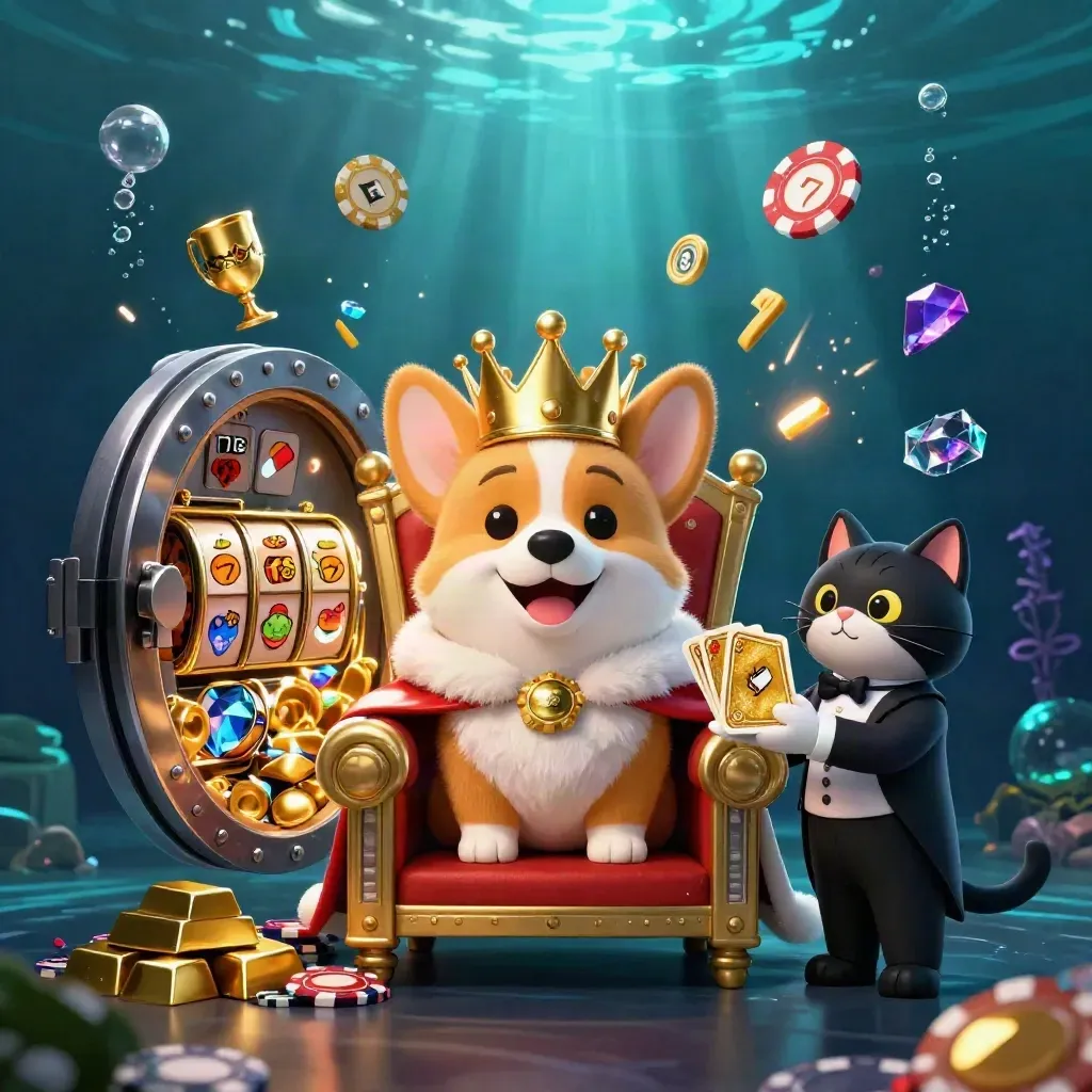 Royal corgi and cat butler amid treasure, reels, and glowing vault in an underwater casino scene.